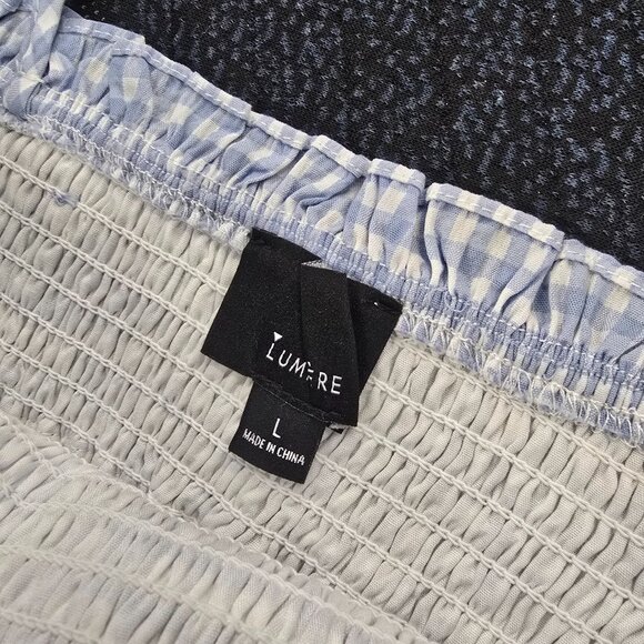 Lumière Women's Tie Shoulder Smocked Fit&Flare Blue & White Gingham Midi Dress L - Picture 5 of 12